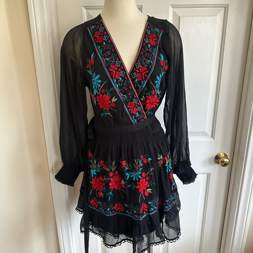 Black Embroidered V-Neck Long Sleeve Dress with Red & Teal Floral Accents